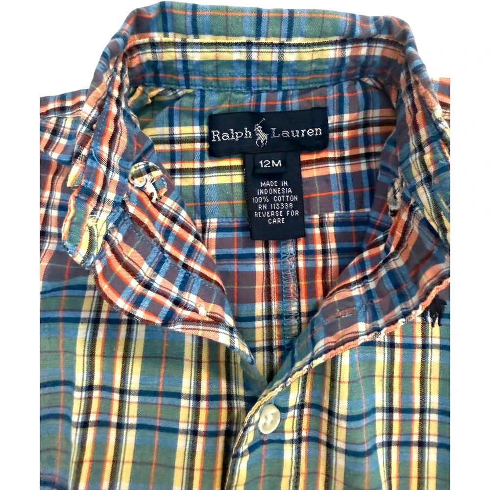 Vintage RALPH LAUREN 12m Baby Toddler Romper Madras Plaid Navy Pony Snap Bottom